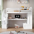 Letto a soppalco full-size con scrivania, mensole, cassetti integrati, scala contenitore