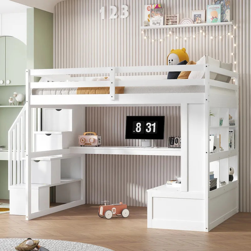 Full Size Loft Bed w/Desk,Shelves,Built-in Drawers,Storage Staircase