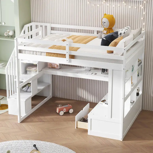 Letto a soppalco full-size con scrivania, mensole, cassetti integrati, scala contenitore