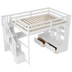 Letto a soppalco full-size con scrivania, mensole, cassetti integrati, scala contenitore