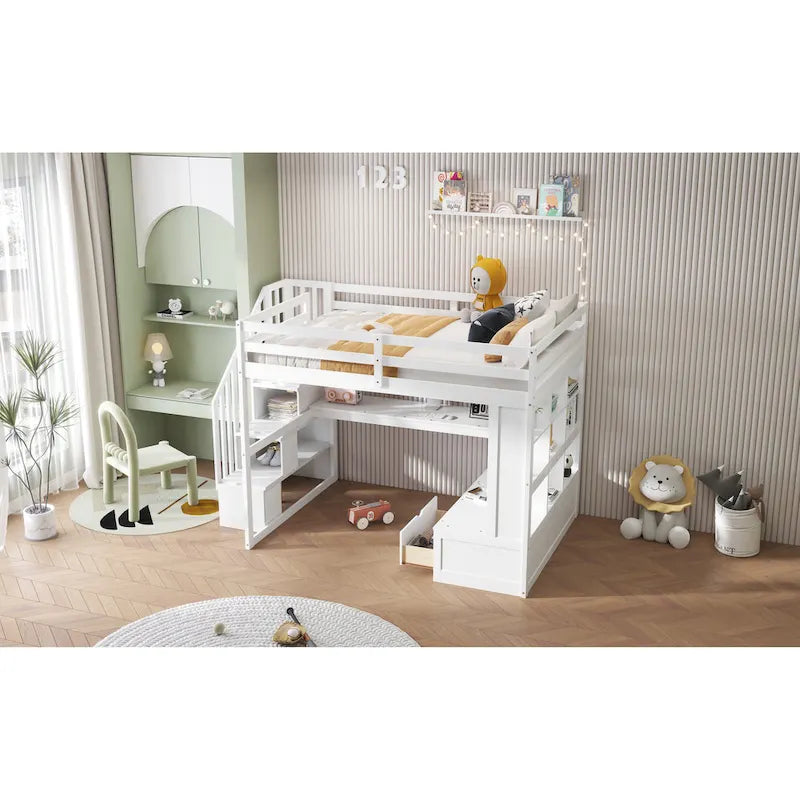 Letto a soppalco full-size con scrivania, mensole, cassetti integrati, scala contenitore