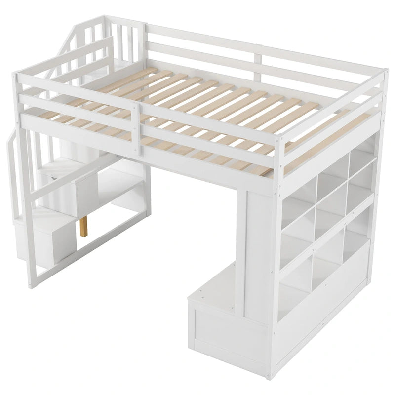 Letto a soppalco full-size con scrivania, mensole, cassetti integrati, scala contenitore