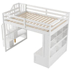 Letto a soppalco full-size con scrivania, mensole, cassetti integrati, scala contenitore