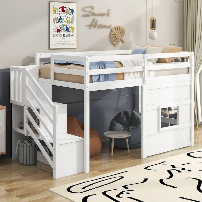 Letto a soppalco singolo con scala contenitore e finestra, struttura in legno
