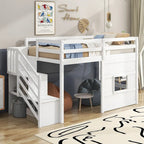 Letto a soppalco singolo con scala contenitore e finestra, struttura in legno