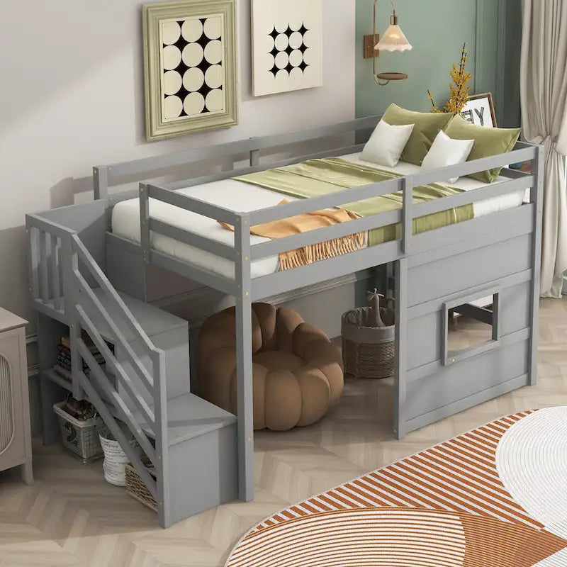 Letto a soppalco singolo con scala contenitore e finestra, struttura in legno