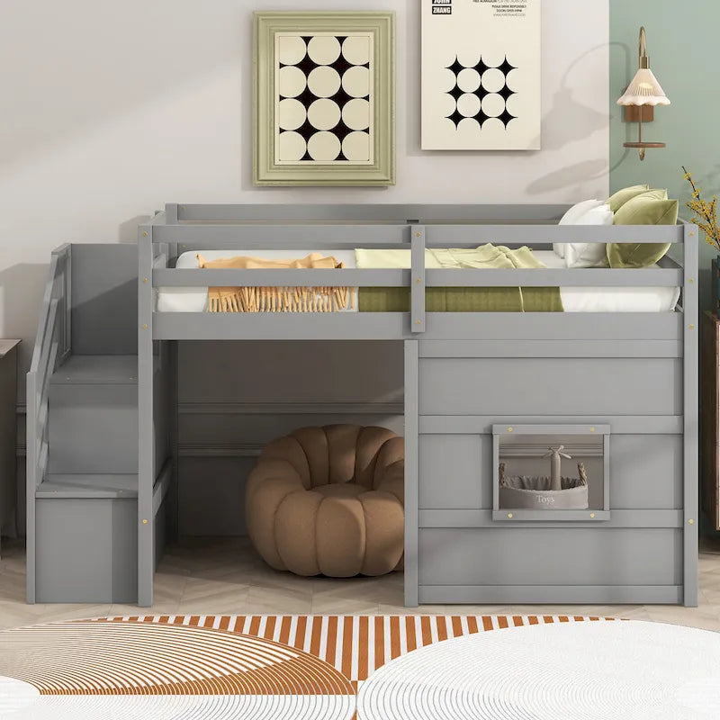 Letto a soppalco singolo con scala contenitore e finestra, struttura in legno