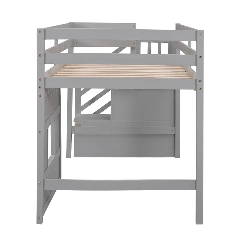 Letto a soppalco singolo con scala contenitore e finestra, struttura in legno