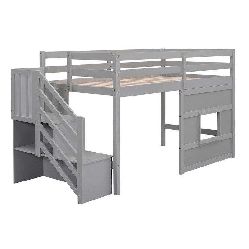 Letto a soppalco singolo con scala contenitore e finestra, struttura in legno