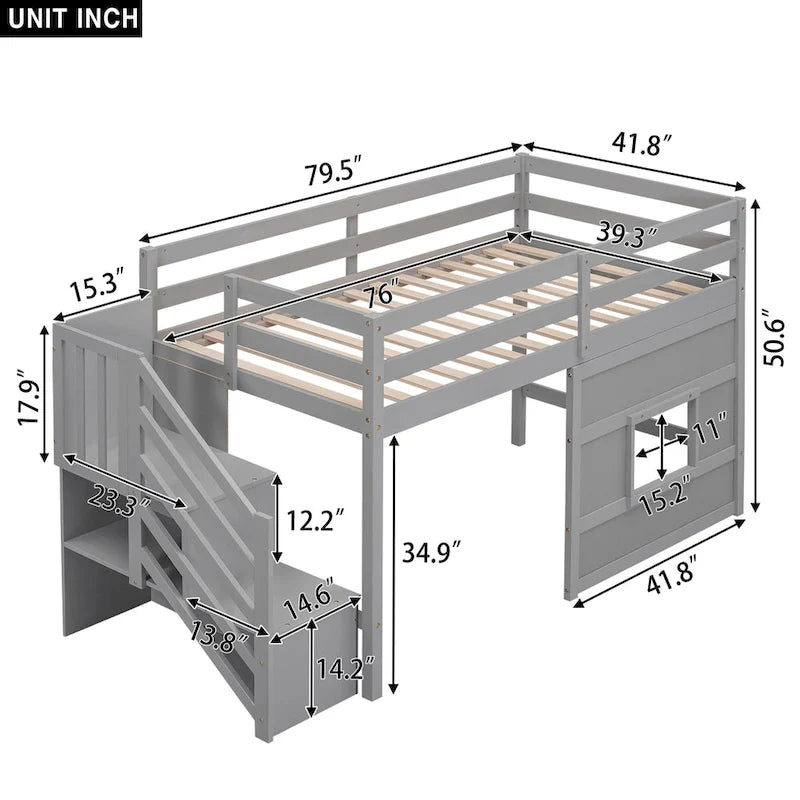 Letto a soppalco singolo con scala contenitore e finestra, struttura in legno
