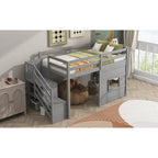 Letto a soppalco singolo con scala contenitore e finestra, struttura in legno