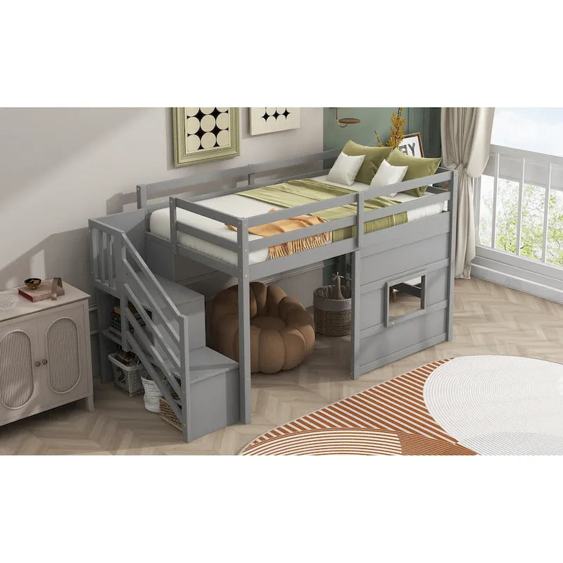 Letto a soppalco singolo con scala contenitore e finestra, struttura in legno