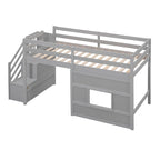 Letto a soppalco singolo con scala contenitore e finestra, struttura in legno