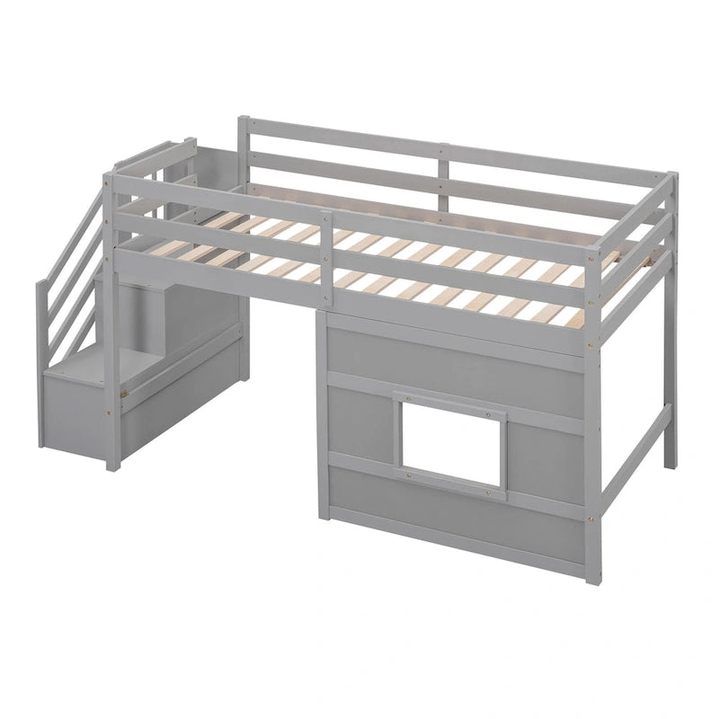 Letto a soppalco singolo con scala contenitore e finestra, struttura in legno