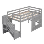 Letto a soppalco singolo con scala contenitore e finestra, struttura in legno