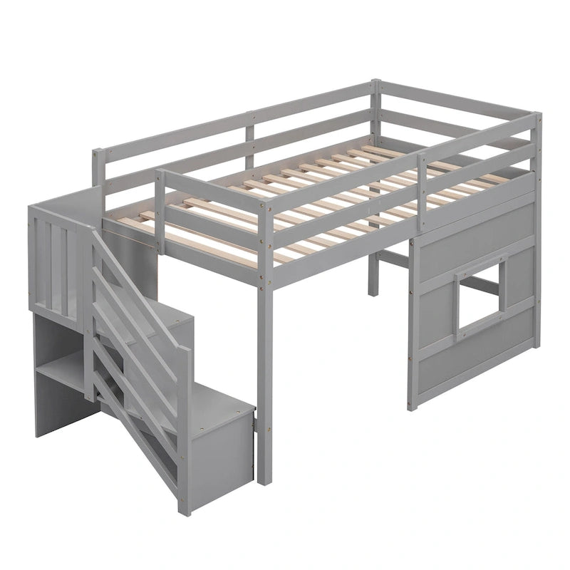 Letto a soppalco singolo con scala contenitore e finestra, struttura in legno
