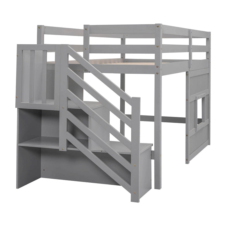 Letto a soppalco singolo con scala contenitore e finestra, struttura in legno