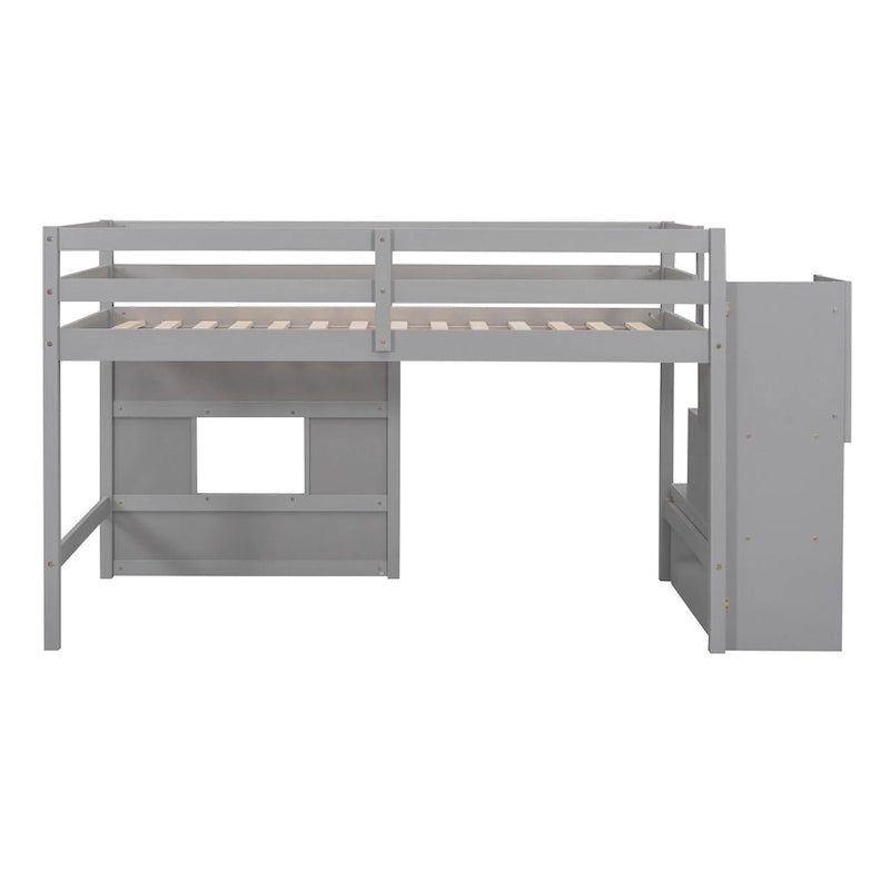 Letto a soppalco singolo con scala contenitore e finestra, struttura in legno
