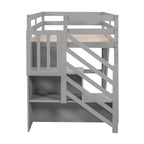 Letto a soppalco singolo con scala contenitore e finestra, struttura in legno