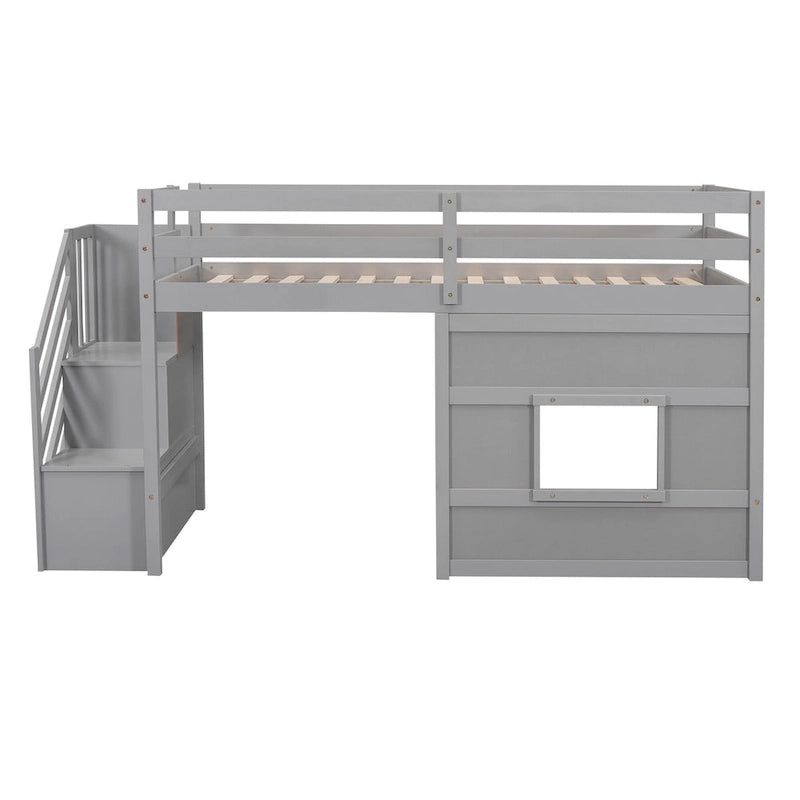 Letto a soppalco singolo con scala contenitore e finestra, struttura in legno