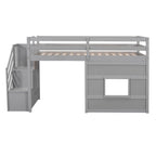 Letto a soppalco singolo con scala contenitore e finestra, struttura in legno