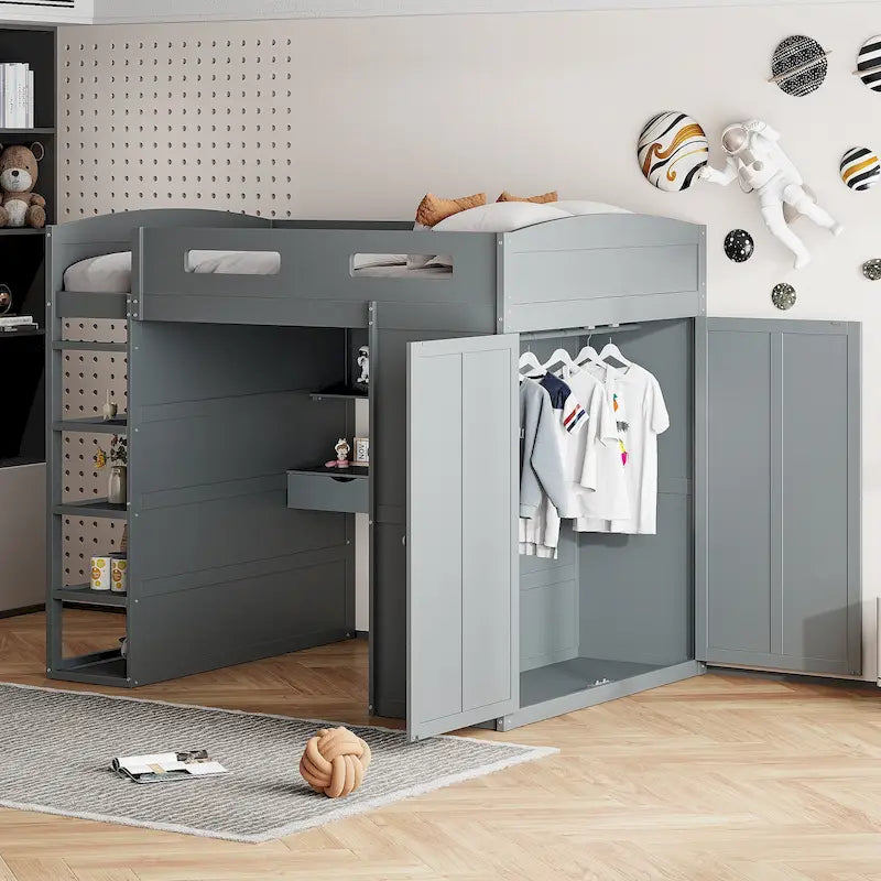 Letto a soppalco full-size con scrivania, armadi, 4 cassetti e 4 ripiani-Bianco