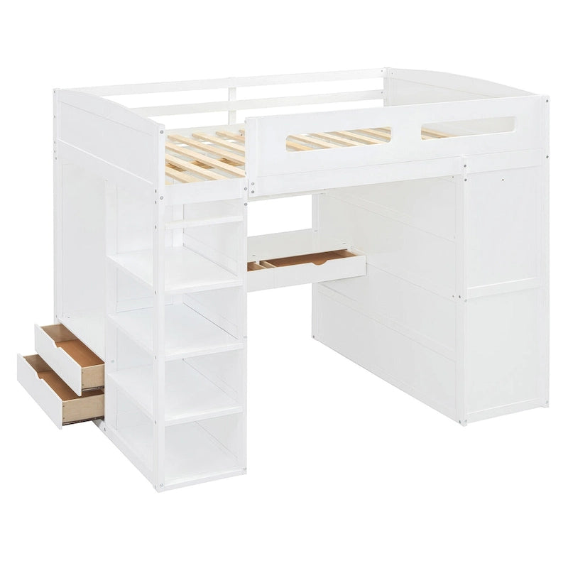 Letto a soppalco full-size con scrivania, armadi, 4 cassetti e 4 ripiani-Bianco