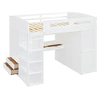 Letto a soppalco full-size con scrivania, armadi, 4 cassetti e 4 ripiani-Bianco