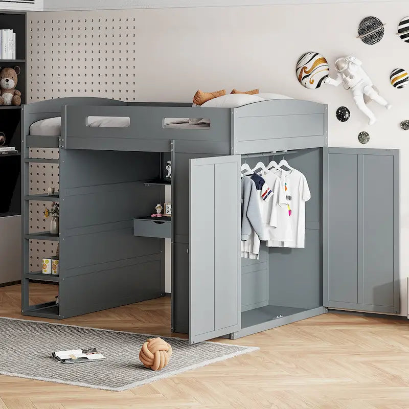 Letto a soppalco full-size con scrivania, armadi, 4 cassetti e 4 ripiani-Bianco