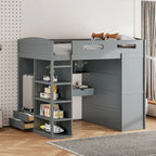Letto a soppalco full-size con scrivania, armadi, 4 cassetti e 4 ripiani-Bianco