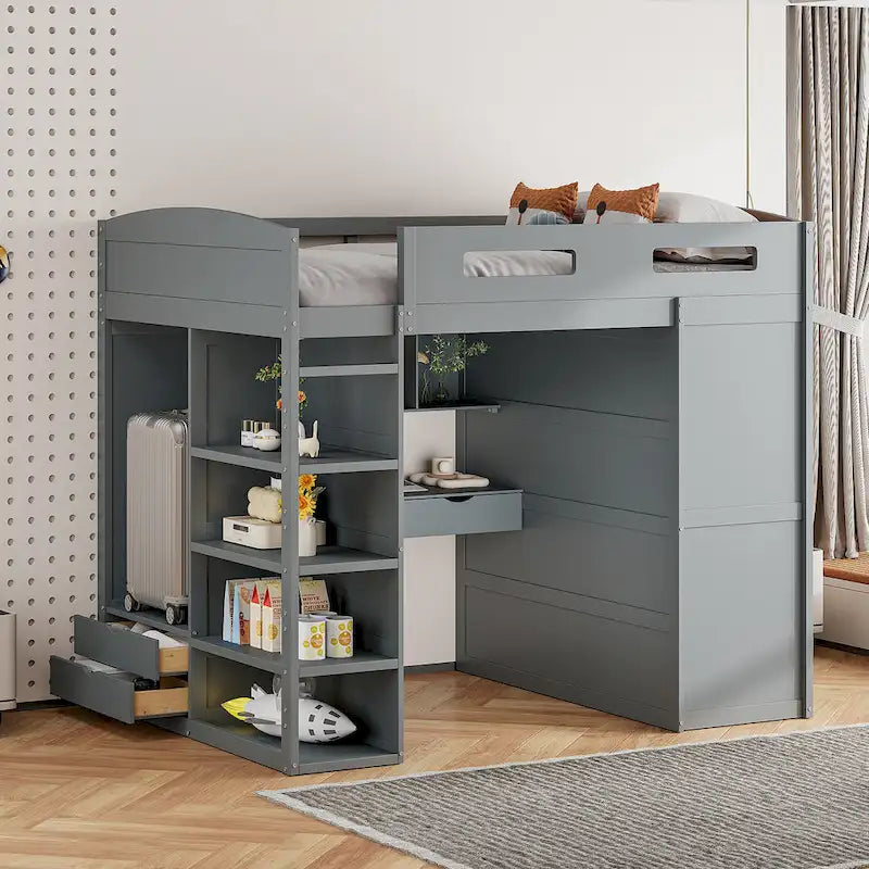 Letto a soppalco full-size con scrivania, armadi, 4 cassetti e 4 ripiani-Bianco