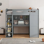 Letto a soppalco full-size con scrivania, armadi, 4 cassetti e 4 ripiani-Bianco