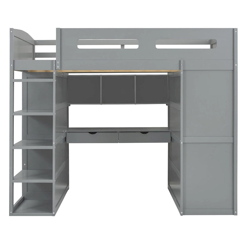Letto a soppalco full-size con scrivania, armadi, 4 cassetti e 4 ripiani-Bianco