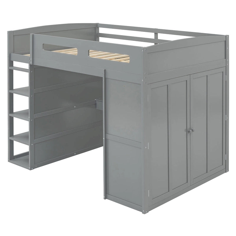Letto a soppalco full-size con scrivania, armadi, 4 cassetti e 4 ripiani-Bianco