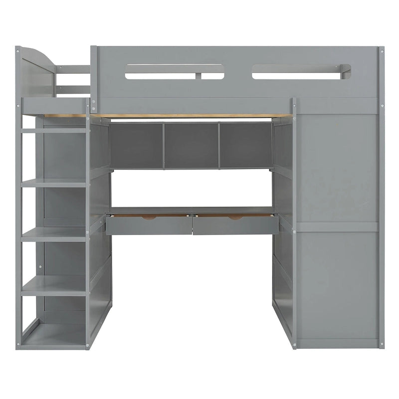 Letto a soppalco full-size con scrivania, armadi, 4 cassetti e 4 ripiani-Bianco