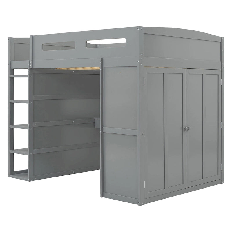 Letto a soppalco full-size con scrivania, armadi, 4 cassetti e 4 ripiani-Bianco