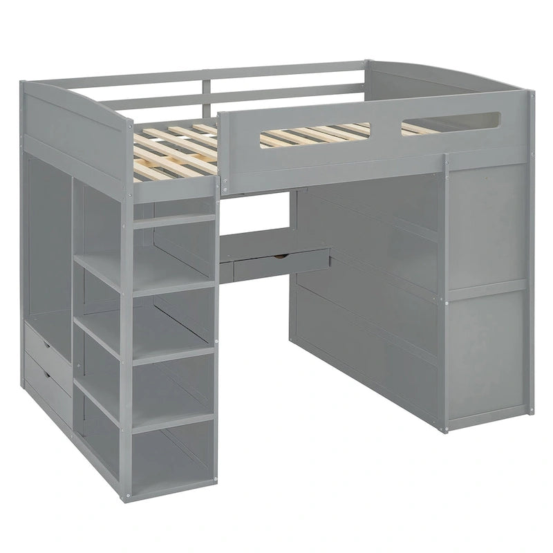 Letto a soppalco full-size con scrivania, armadi, 4 cassetti e 4 ripiani-Bianco
