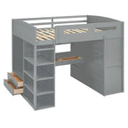 Letto a soppalco full-size con scrivania, armadi, 4 cassetti e 4 ripiani-Bianco