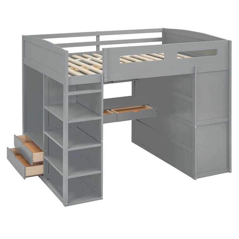 Letto a soppalco full-size con scrivania, armadi, 4 cassetti e 4 ripiani-Bianco