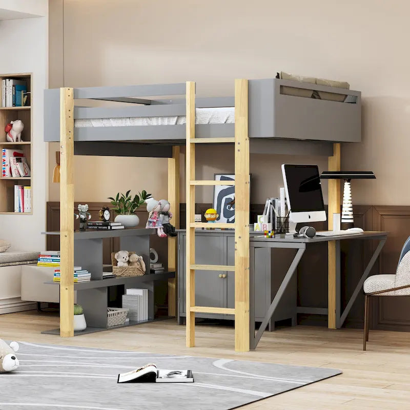 Letto a soppalco in legno a grandezza naturale con armadio contenitore e cubi integrati, scrivania pieghevole, bianco