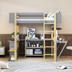 Letto a soppalco in legno a grandezza naturale con armadio contenitore e cubi integrati, scrivania pieghevole, bianco
