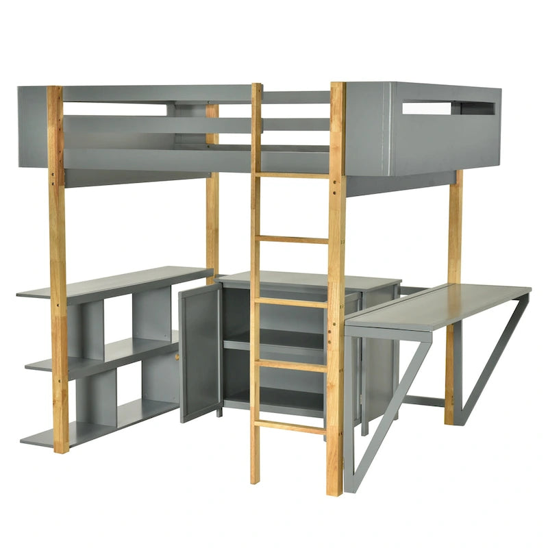 Letto a soppalco in legno a grandezza naturale con armadio contenitore e cubi integrati, scrivania pieghevole, bianco