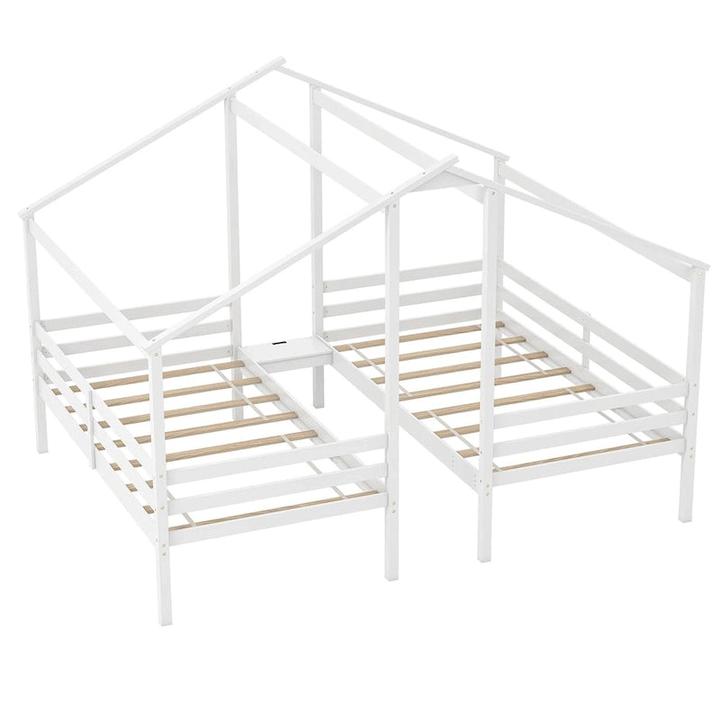 Telaio Letto per Bambini Doppio Singolo con Tavolino Integrato e Porta di Ricarica USB, Legno