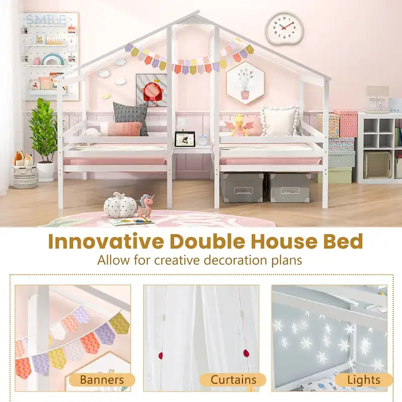 Telaio Letto per Bambini Doppio Singolo con Tavolino Integrato e Porta di Ricarica USB, Legno