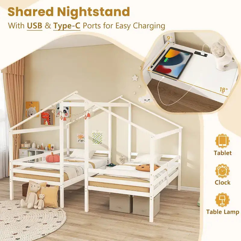 Telaio Letto per Bambini Doppio Singolo con Tavolino Integrato e Porta di Ricarica USB, Legno