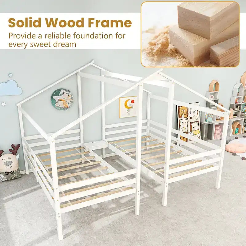 Telaio Letto per Bambini Doppio Singolo con Tavolino Integrato e Porta di Ricarica USB, Legno
