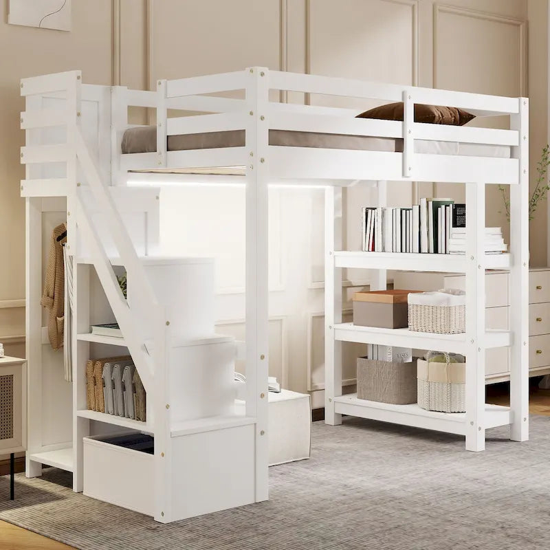 Letto a soppalco singolo con mensole, scala contenitore, piccolo armadio e luce LED bianca, bianco