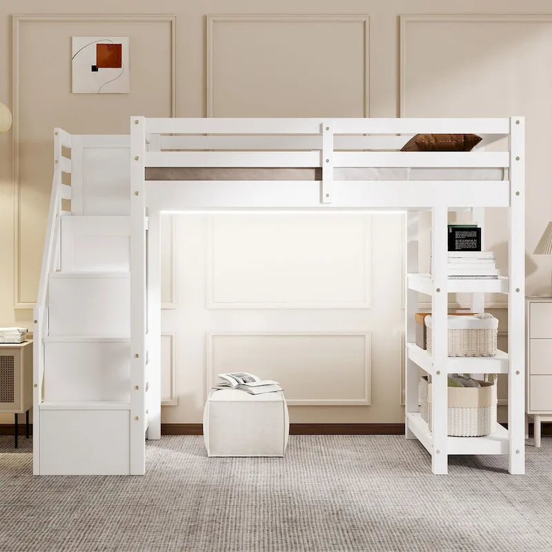 Letto a soppalco singolo con mensole, scala contenitore, piccolo armadio e luce LED bianca, bianco