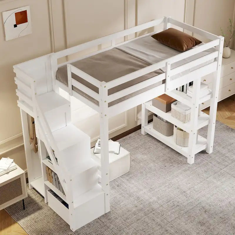Letto a soppalco singolo con mensole, scala contenitore, piccolo armadio e luce LED bianca, bianco