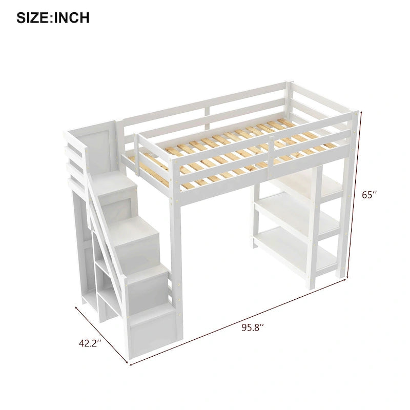 Letto a soppalco singolo con mensole, scala contenitore, piccolo armadio e luce LED bianca, bianco